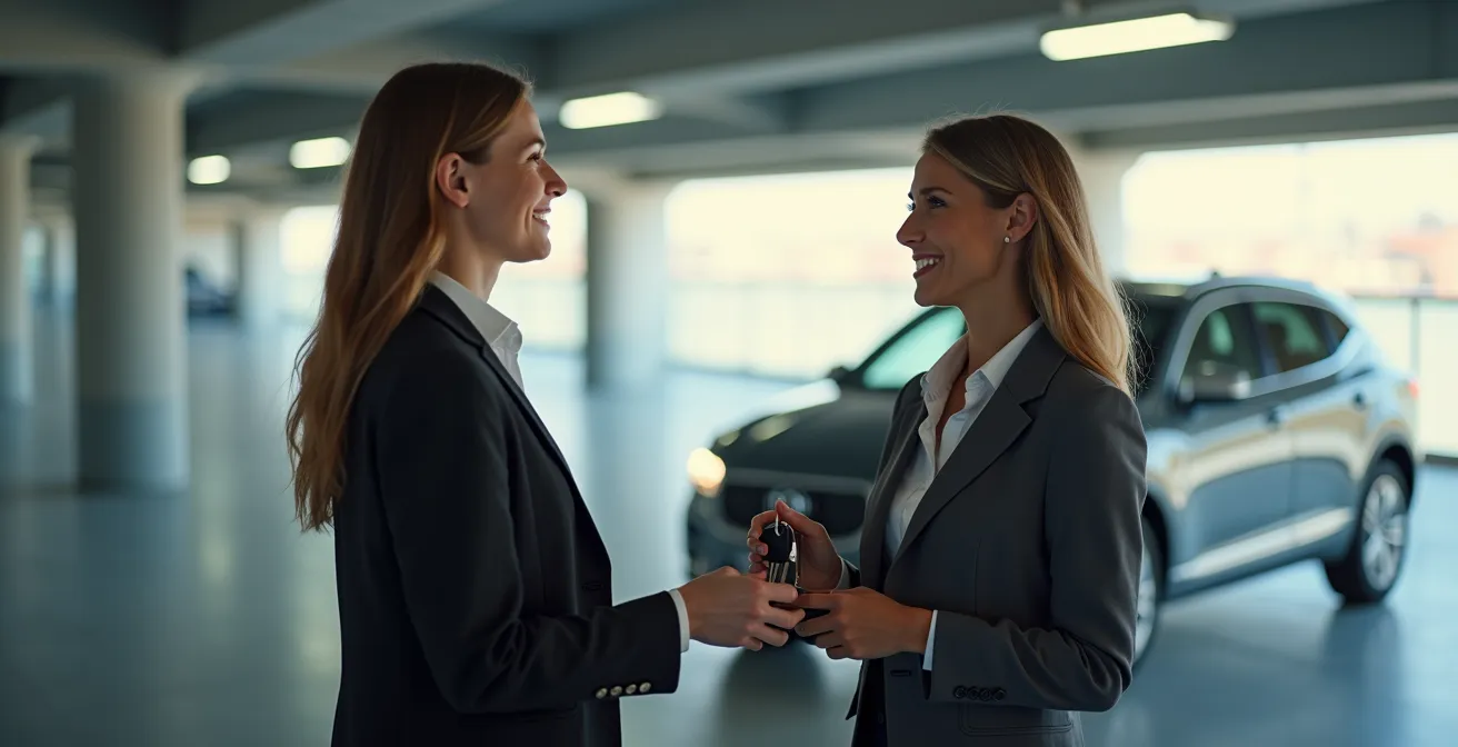 Professioneel koppel in zakelijke kleding bij auto met sleuteloverdracht