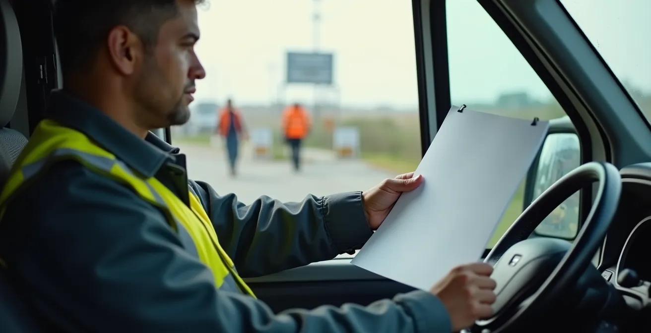 Bestuurder in bestelauto met documenten bij grenspost