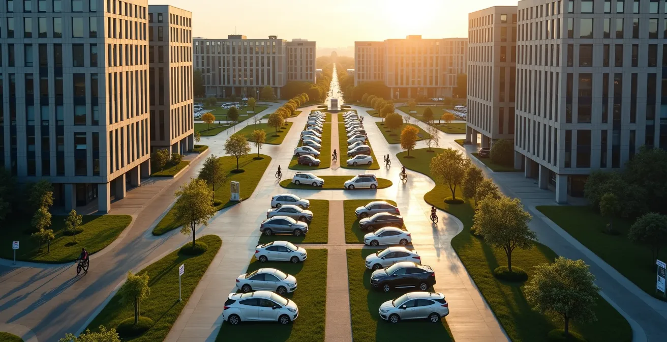 Overzicht bedrijventerrein met centrale mobiliteitshub en meerdere kantoorgebouwen