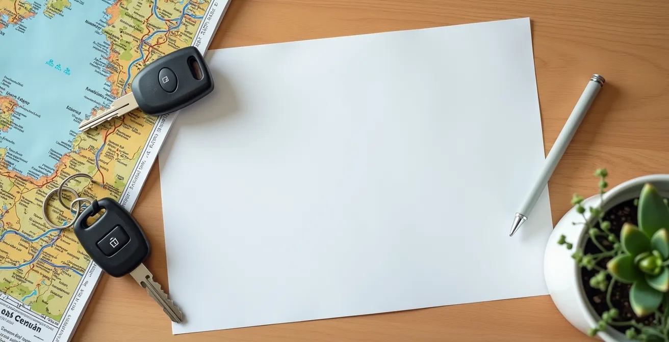 Bovenaanzicht van een groene kaart document naast autosleutels en landkaart