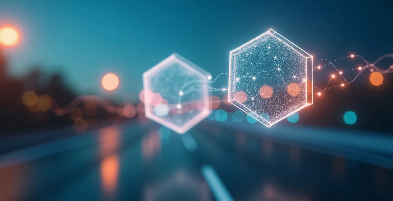 Abstracte visualisatie van geconnecteerde apps en datastromen voor brandstof- en kilometeradministratie