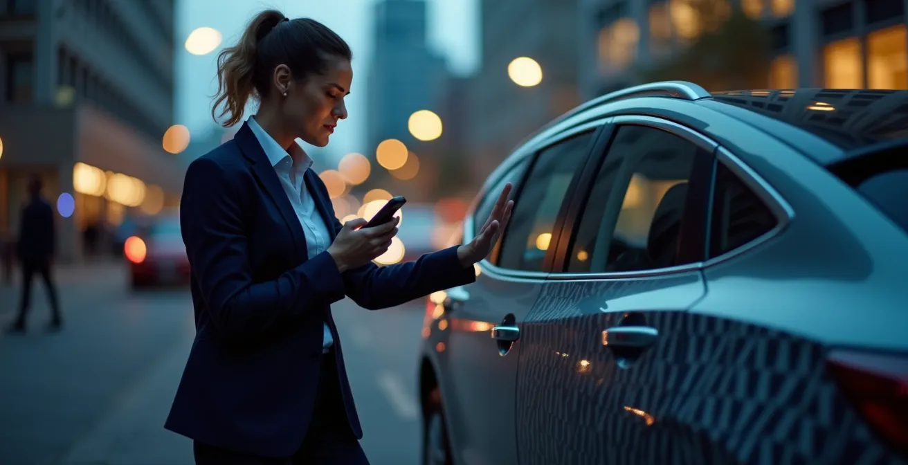 Zakelijke professional gebruikt smartphone voor keyless autotoegang bij schemering op bedrijfsparkeerplaats
