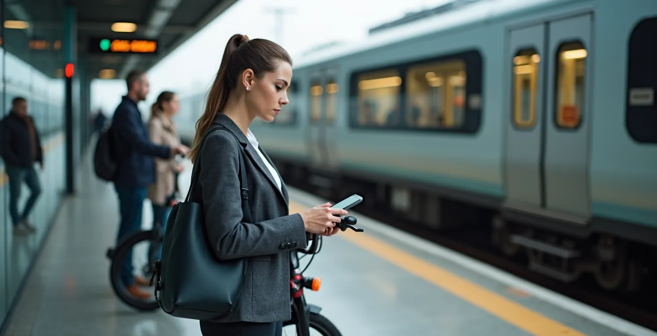 Werknemers bij station met deelfietsen en elektrische steps voor laatste kilometer
