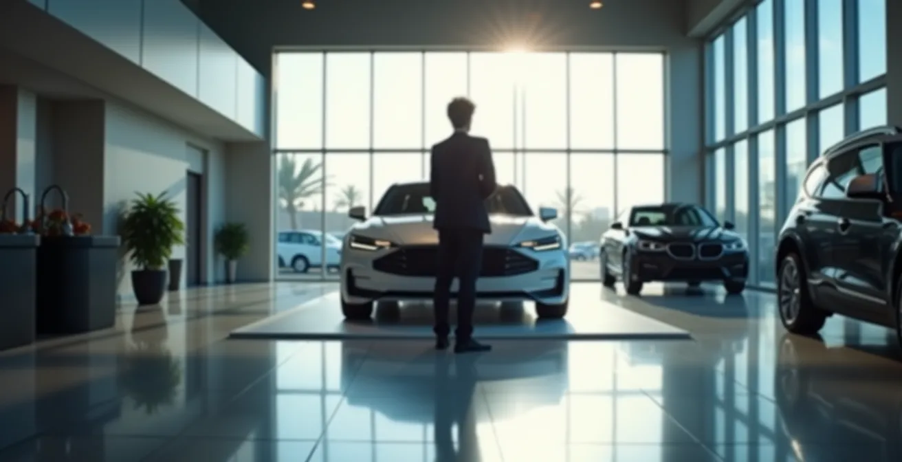 Lege autoshowroom met schaduwen die beschikbaarheid symboliseren