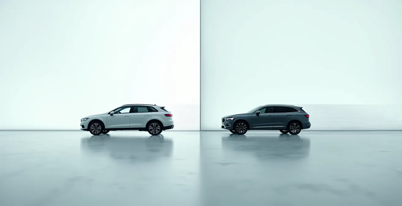 Visualisatie van luchtstromen rond een sedan en SUV bij hoge snelheid