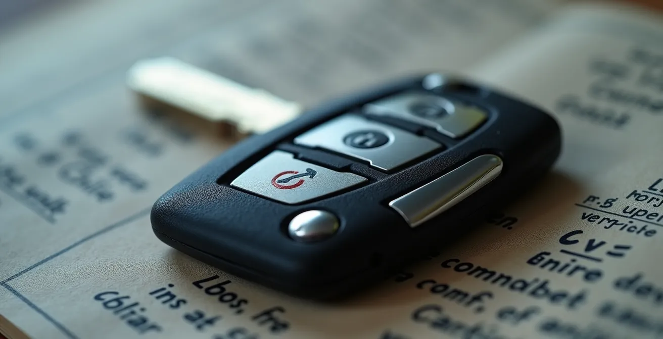 Macrodetail van autosleutel met financiële berekeningen op achtergrond