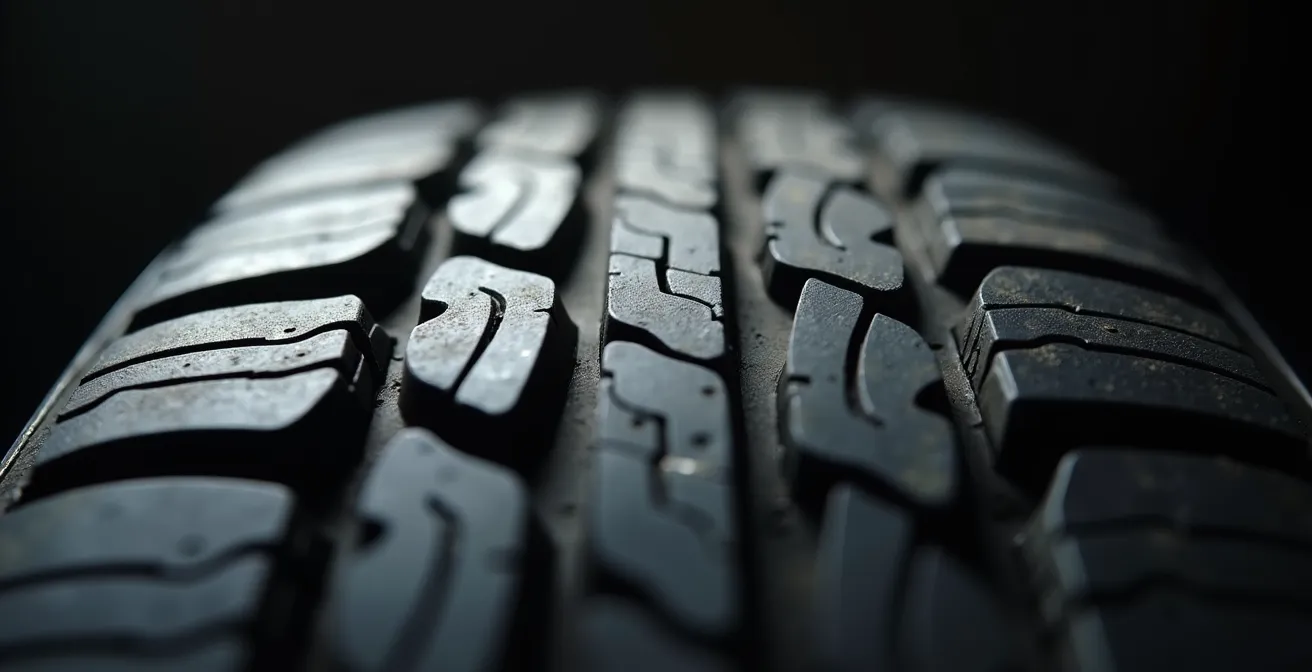 Macrodetail van bandenprofiel met focus op slijtage