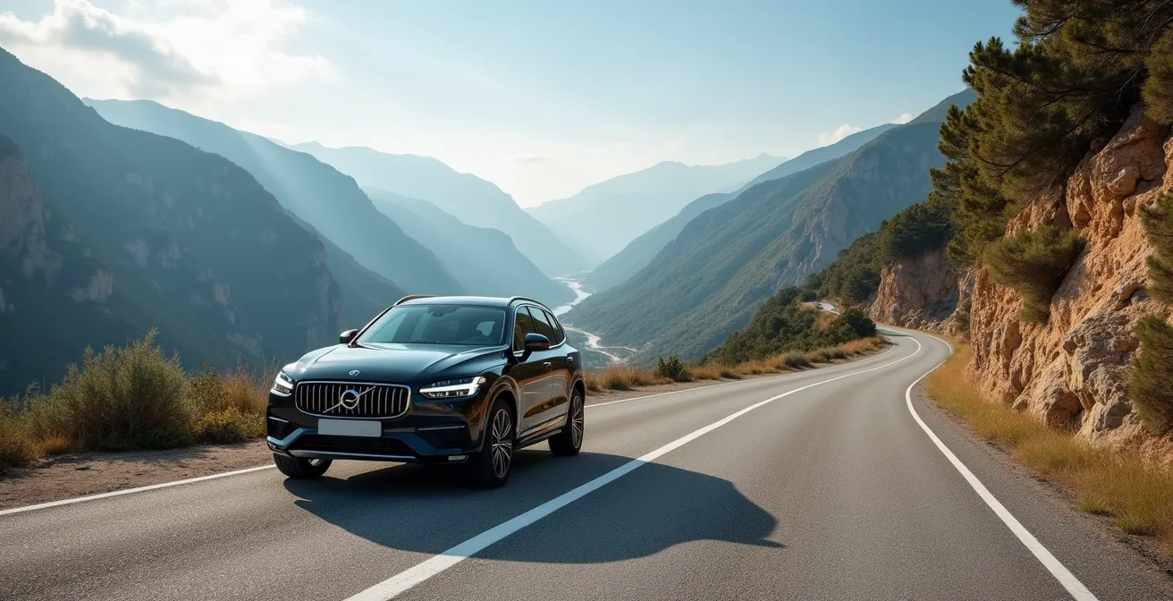 Leaseauto geparkeerd langs bergweg met prachtig landschap op achtergrond
