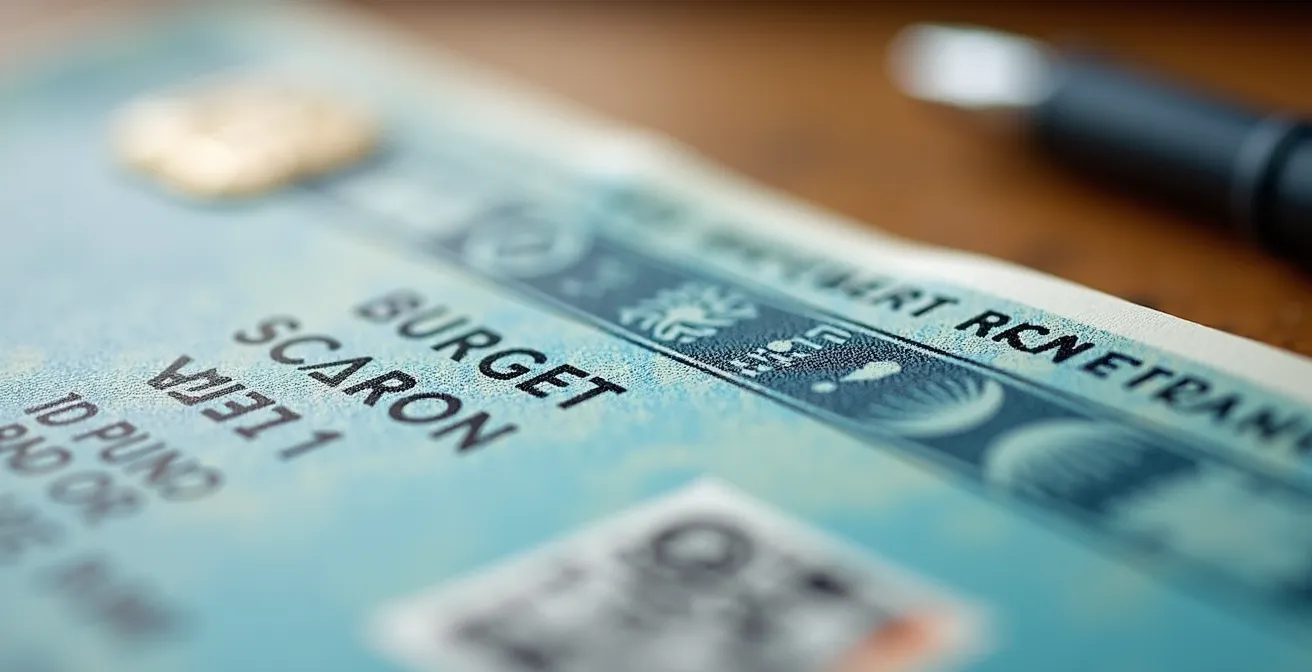 Macro-opname van een kentekenbewijs document met focus op technische details