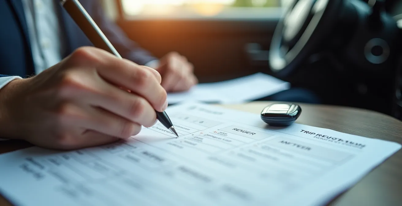 Close-up van handen die een rittenregistratie invullen met deelauto op achtergrond