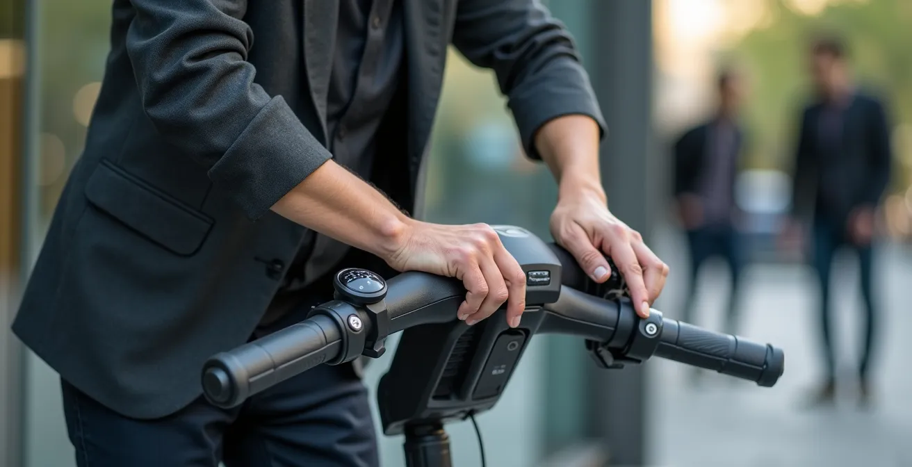 Werknemer controleert deelscooter voor gebruik met veiligheidshelm