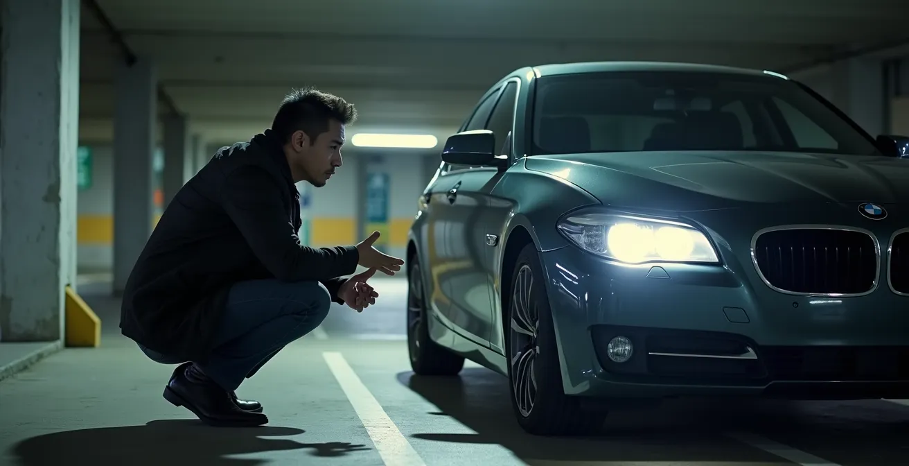Auto in parkeergarage met betonnen paaltjes op de achtergrond