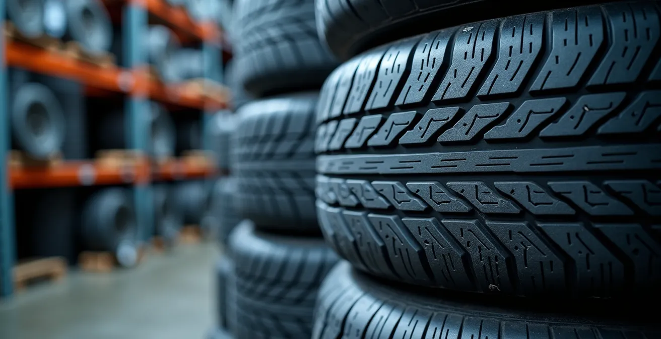 Gestapelde winterbanden in een opslagruimte met zachte verlichting