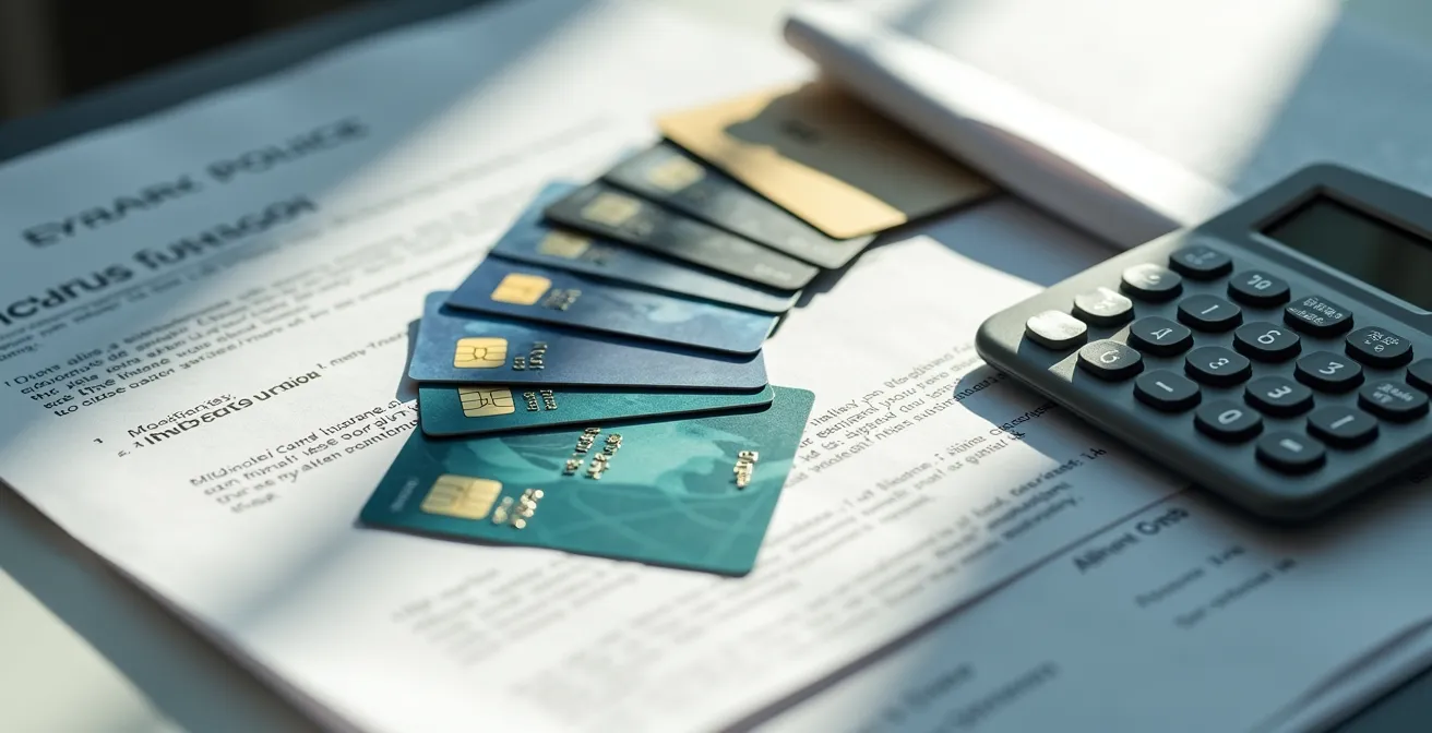 Bureau met creditcards en verzekeringspolissen naast rekenmachine