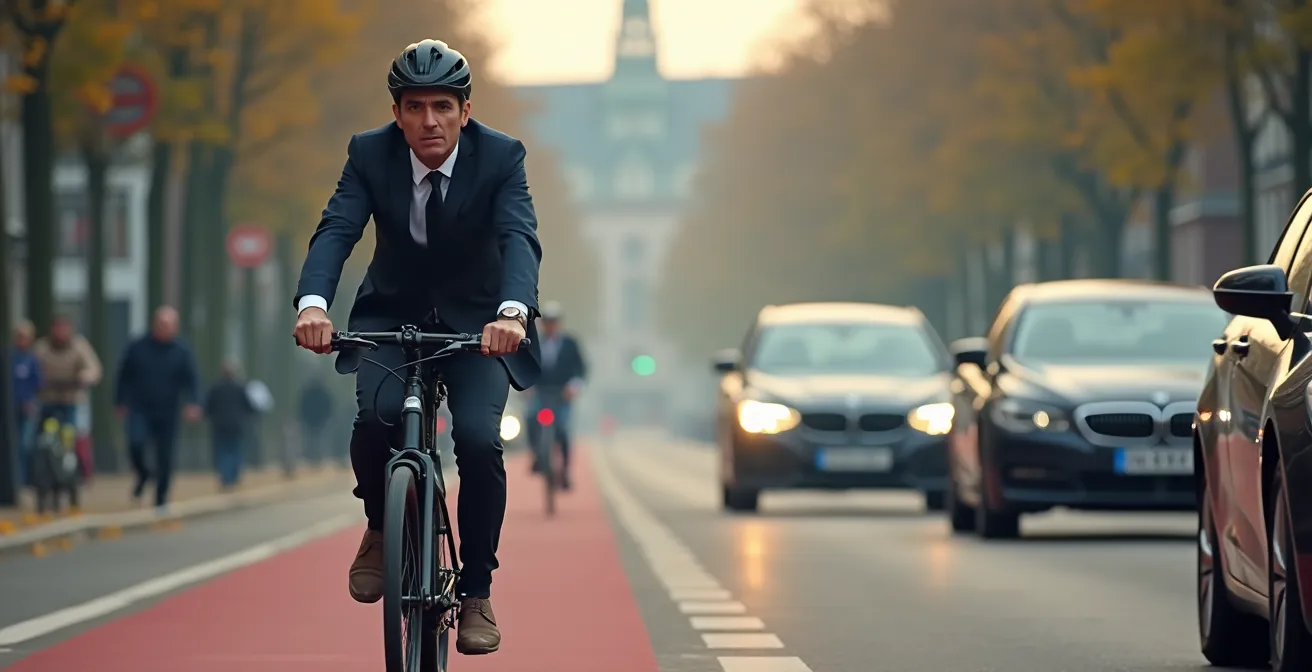 Zakelijke fietser passeert stilstaande auto's in Utrechtse binnenstad